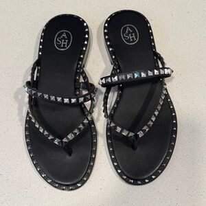 ASH Pulse Black Leather Stud Slide Sandals size 6.5 NEW